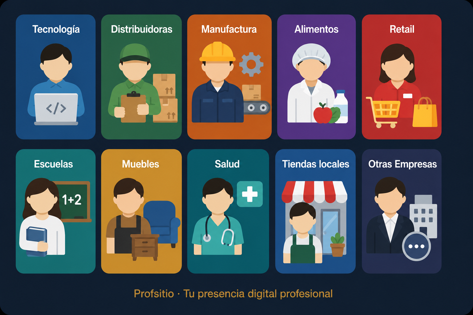Collage de empresas: tecnología, distribuidoras, manufactura, alimentos, retail y más