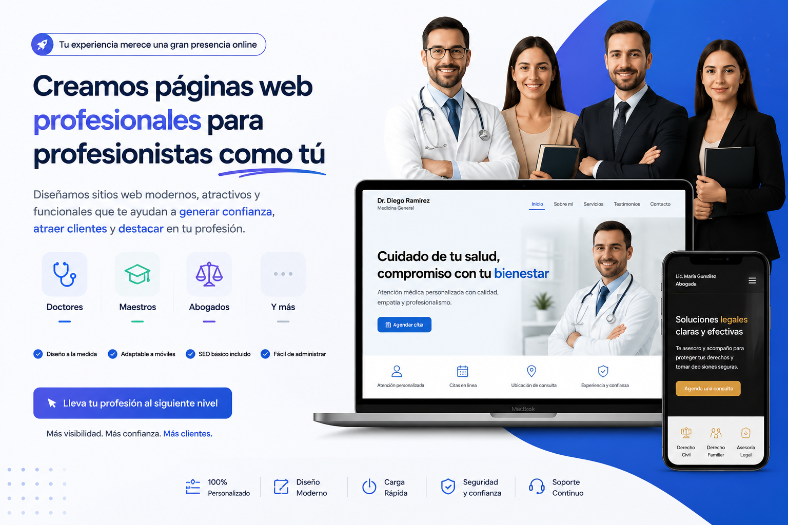 Ejemplo de página web para profesionista con testimonios de médico, abogada y más